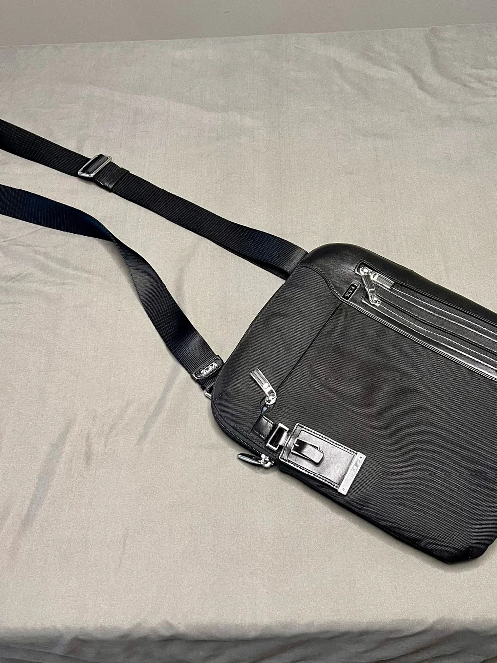 TUMI Black Arrive McCarren Zip Top Crossbody Bag Ballistic Nylon & Leather